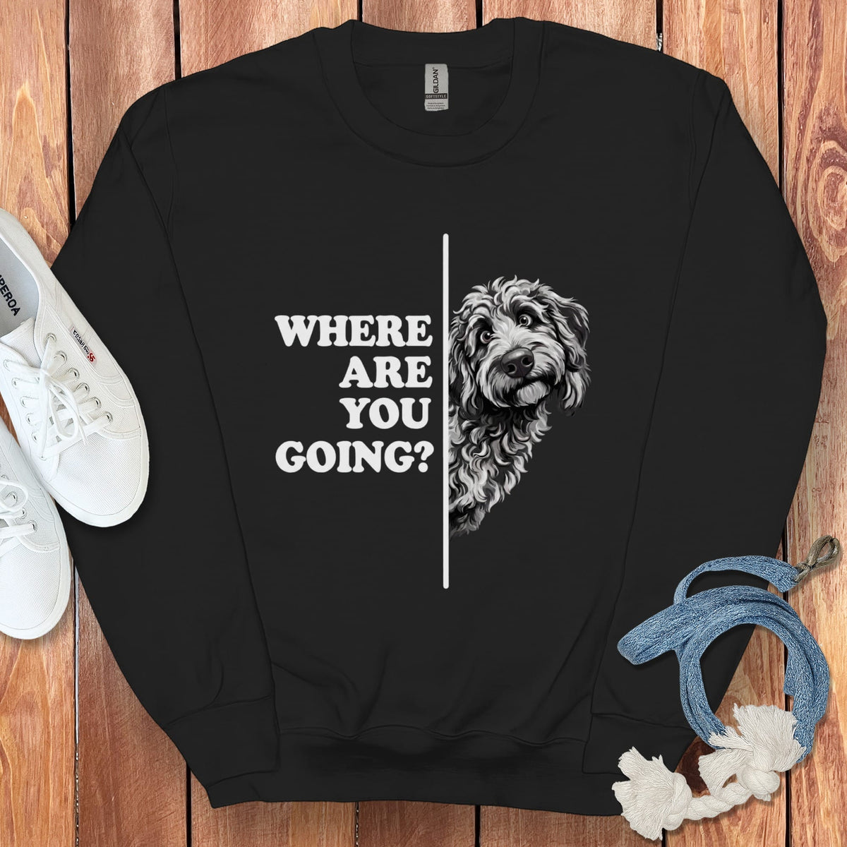 Where Going Merle Goldendoodle Sweatshirt in Black / S by Puppy Jo