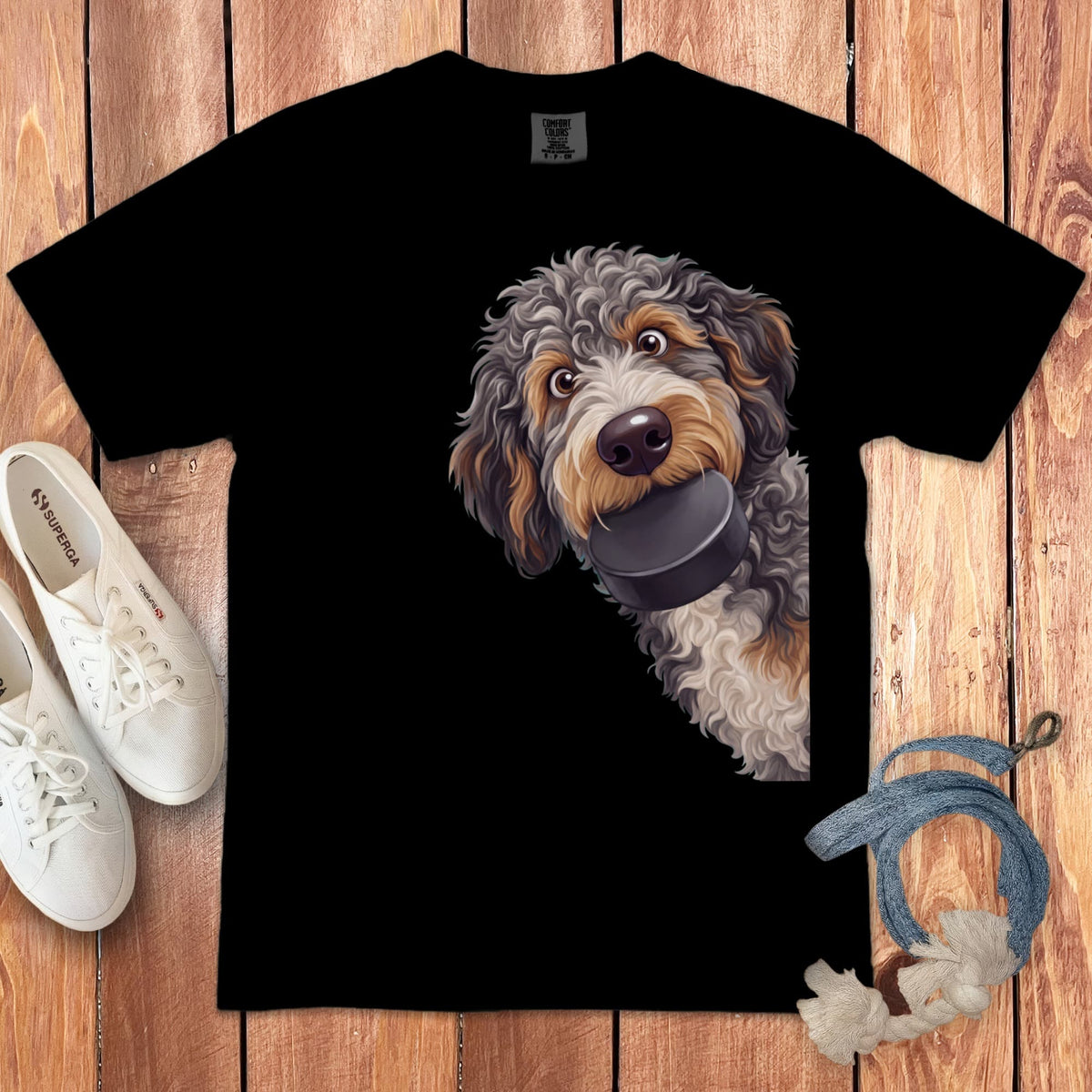 Aussiedoodle Hockey Puck Signature T-Shirt in Black / S by Puppy Jo