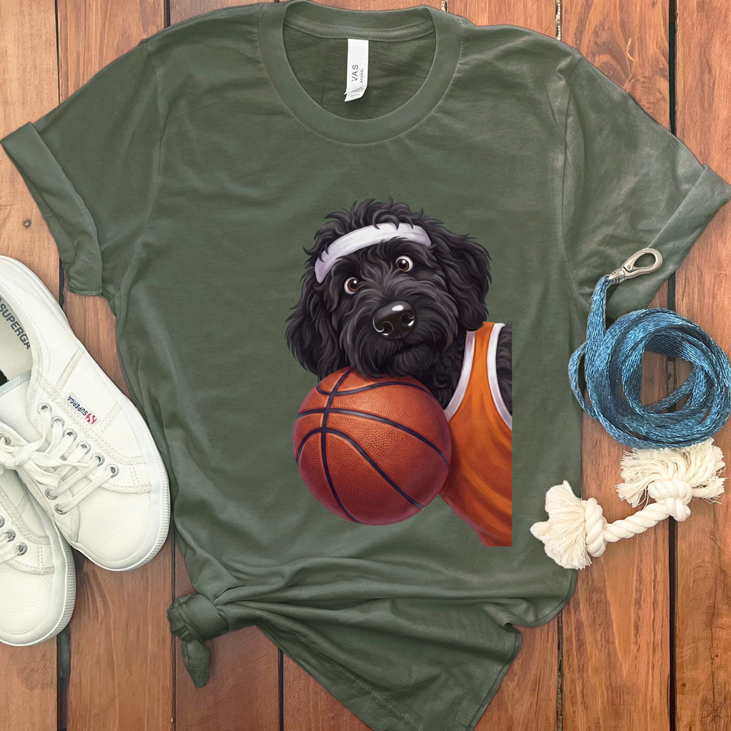 Black Goldendoodle Basketball Player T-Shirt in Military Green / S by Puppy Jo