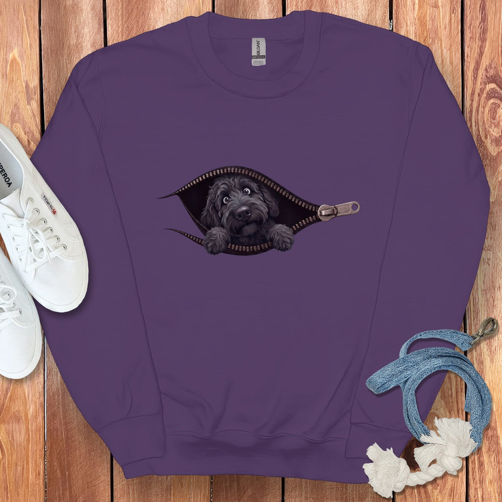 Black Goldendoodle Peeking Zipper Sweatshirt in Purple / S by Puppy Jo