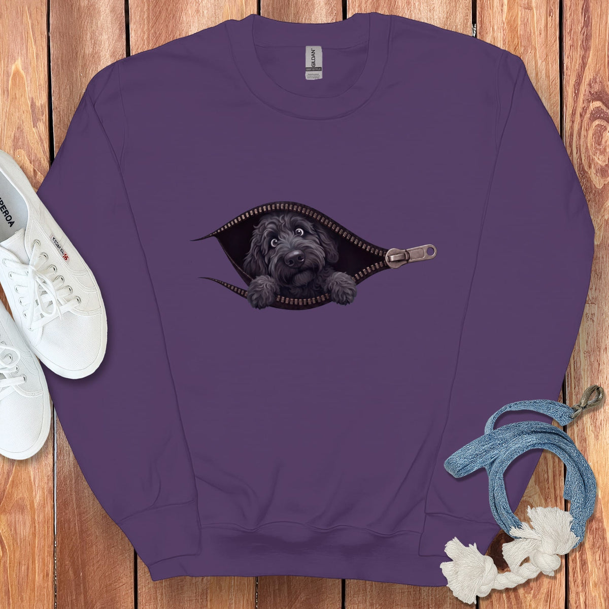 Black Goldendoodle Peeking Zipper Sweatshirt in Purple / S by Puppy Jo