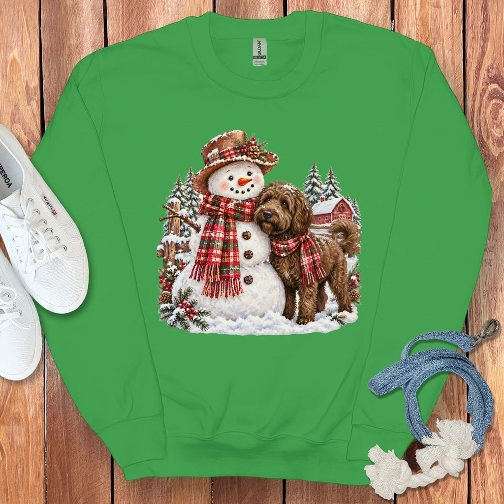 Chocolate Goldendoodle Christmas Snowman Sweatshirt in Irish Green / S by Puppy Jo