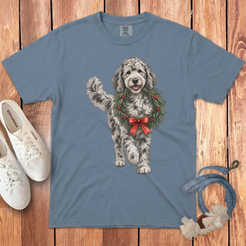 Merle Goldendoodle Wreath Signature T-Shirt in Blue Jean / S by Puppy Jo