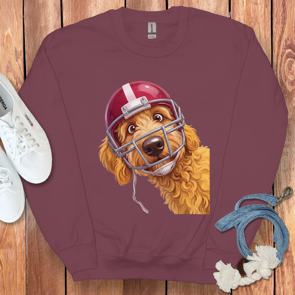 Golden Goldendoodle Football Helmet Sweatshirt in Maroon / S by Puppy Jo