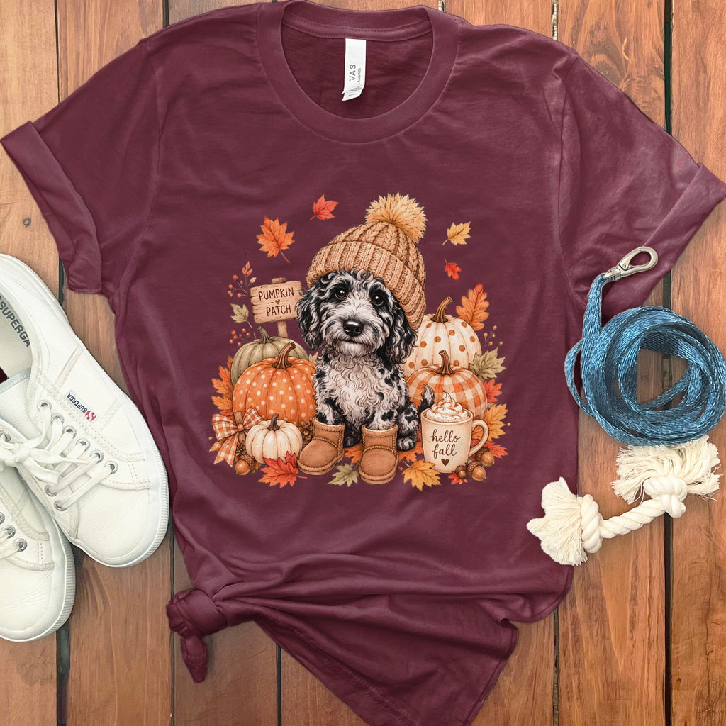 Merle Goldendoodle Pumpkin Patch T-Shirt in Maroon / S by Puppy Jo