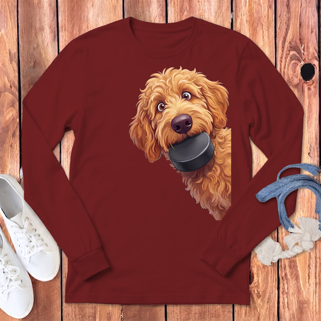 Apricot Goldendoodle Hockey Puck Long Sleeve T-Shirt in Cardinal / S by Puppy Jo