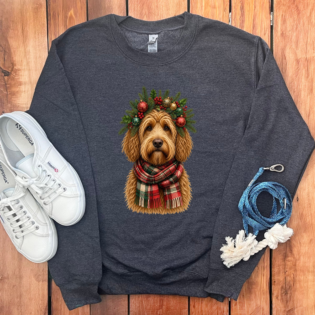 Golden Goldendoodle Holiday Crown Sweatshirt in Dark Heather / S by Puppy Jo