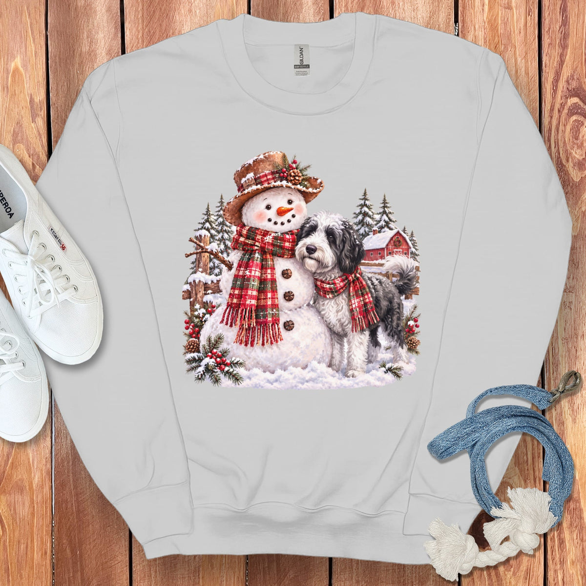 Sheepadoodle Christmas Snowman Sweatshirt in Sport Grey / S by Puppy Jo