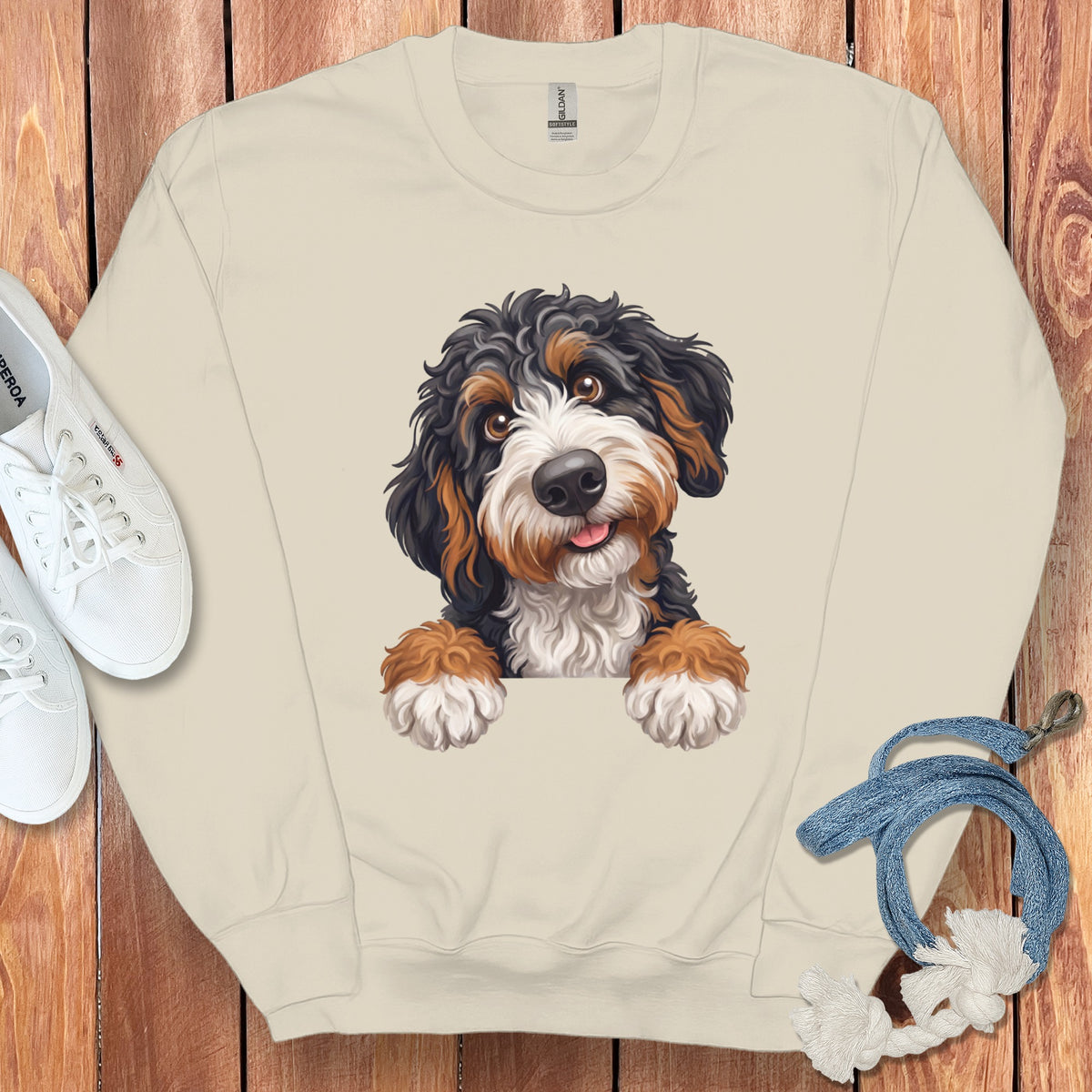 Cream sweatshirt with a Bernese Mountain Dog illustration and white sneakers.