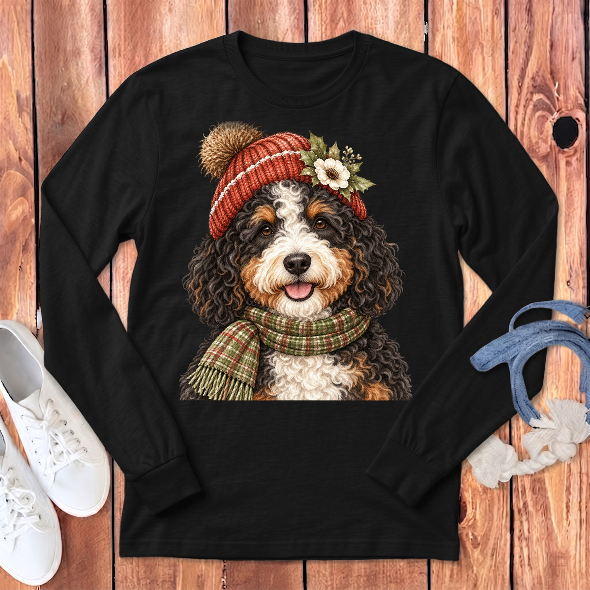 Bernese Mountain Dog wearing a red knit hat and plaid scarf with flower detail.