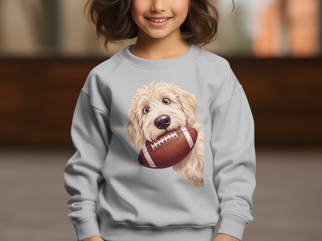 Light grey sweatshirt with a doodle dog graphic holding a football.