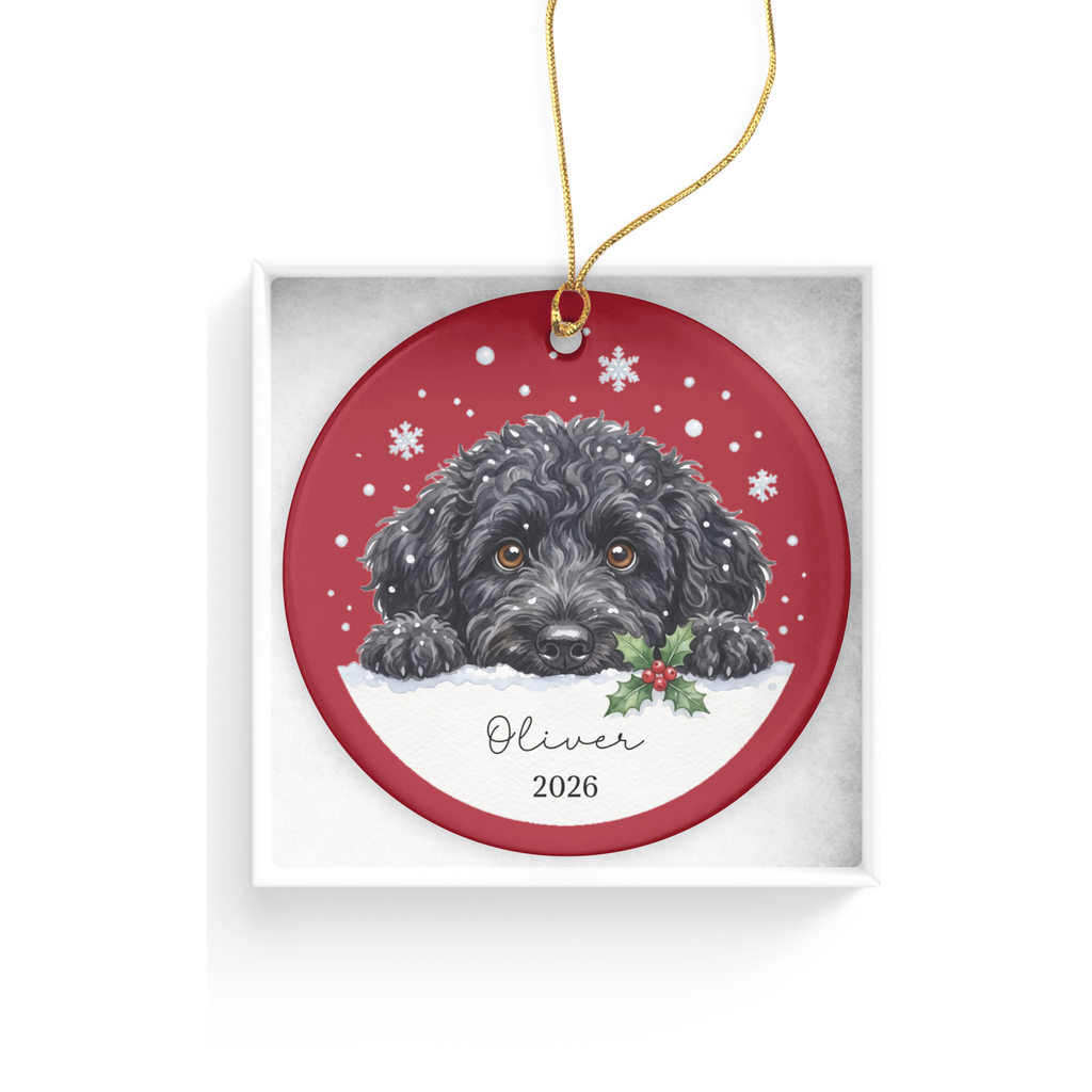 Peeking Snow Black Goldendoodle Ornament