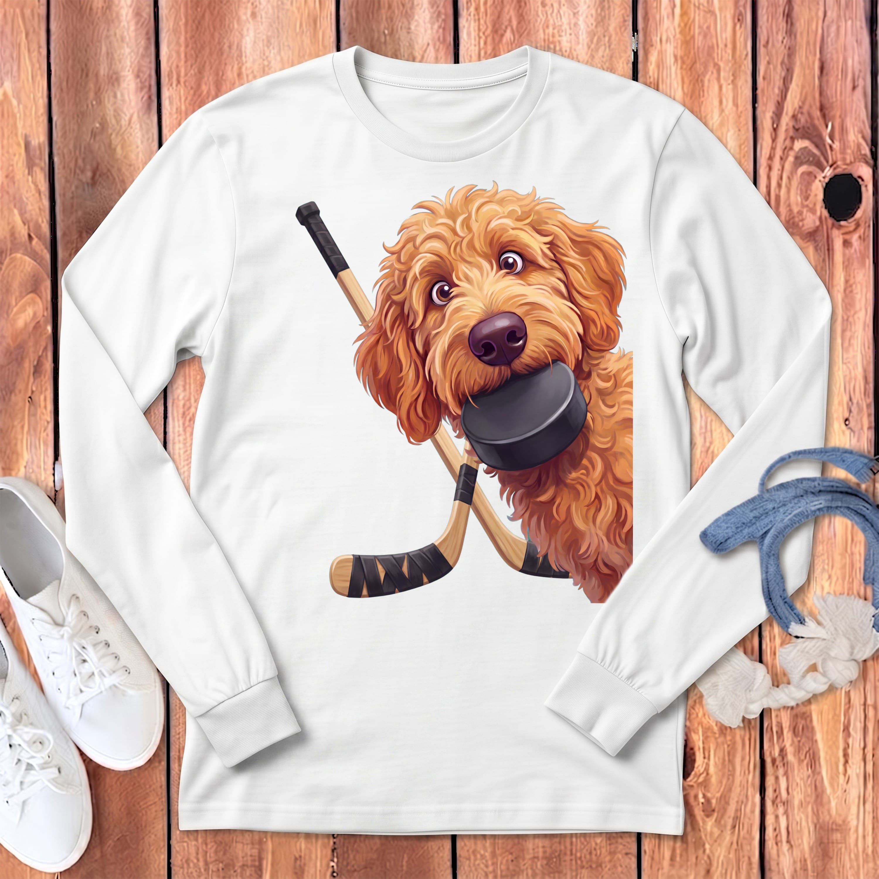 Apricot Goldendoodle Hockey Long Sleeve T-Shirt in White / S by Puppy Jo