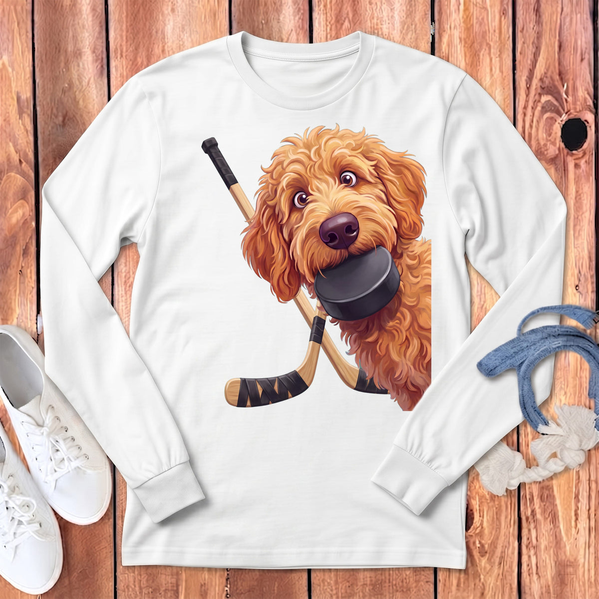 Apricot Goldendoodle Hockey Long Sleeve T-Shirt in White / S by Puppy Jo