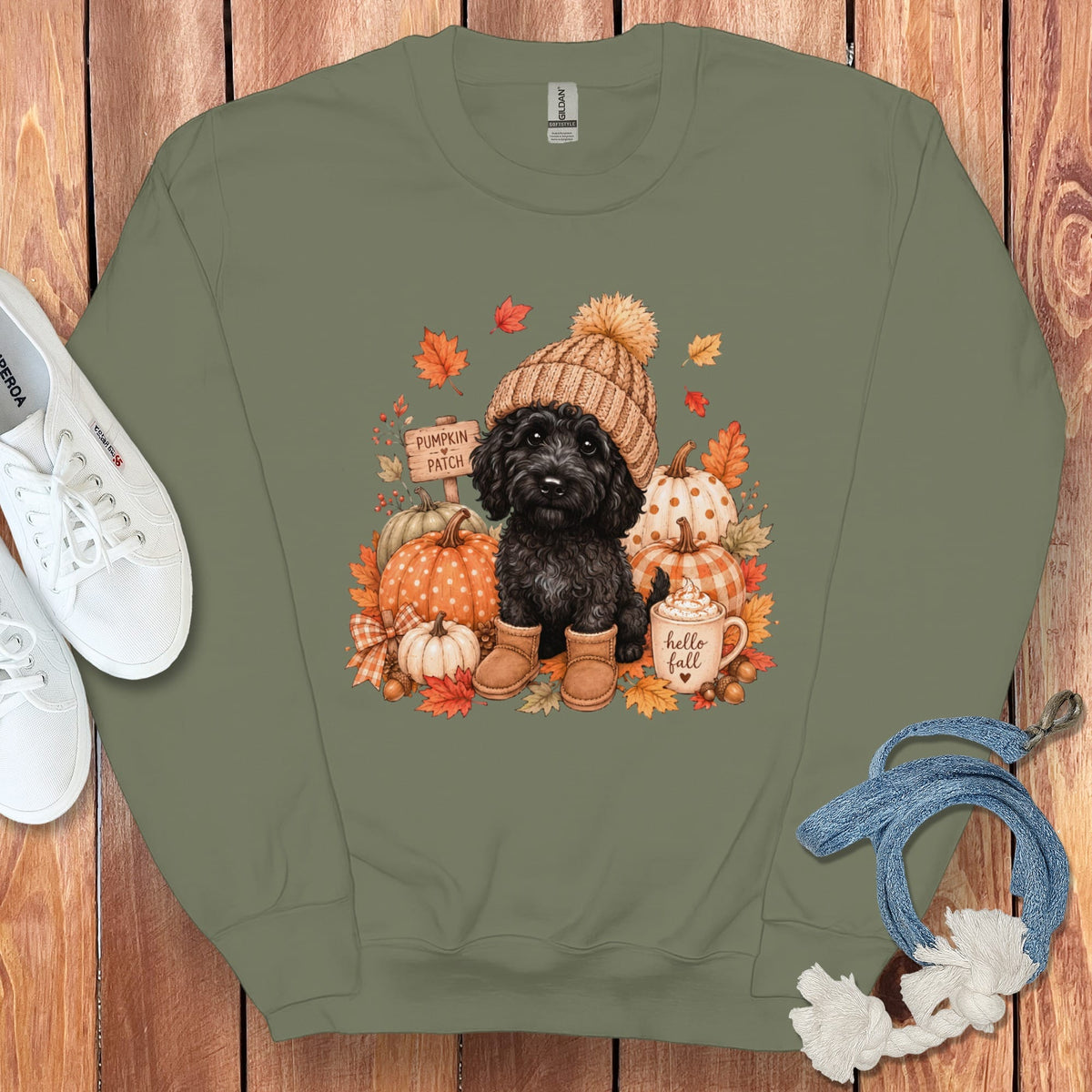 Black Goldendoodle Pumpkin Patch Sweatshirt in Military Green / S by Puppy Jo