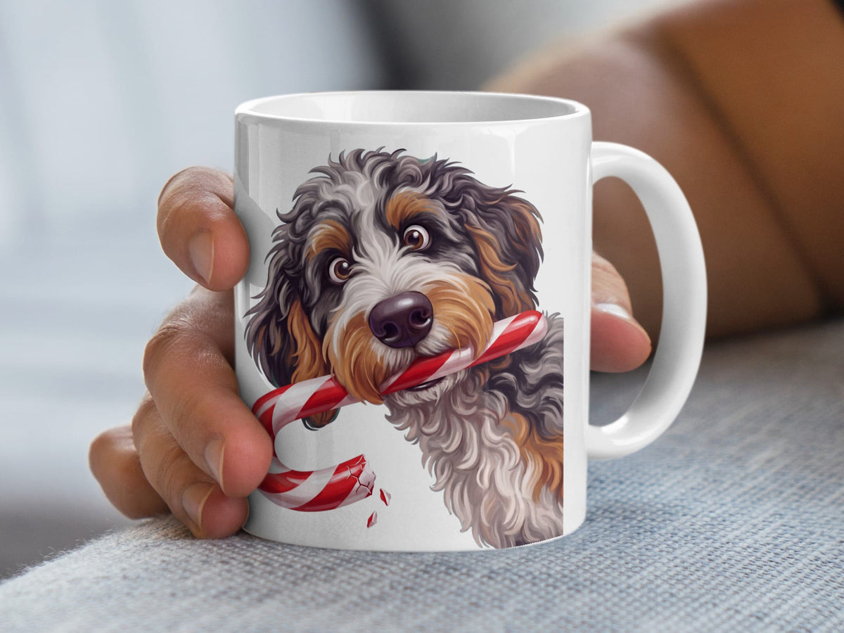 Aussiedoodle Candy Cane Thief Mug in by Puppy Jo