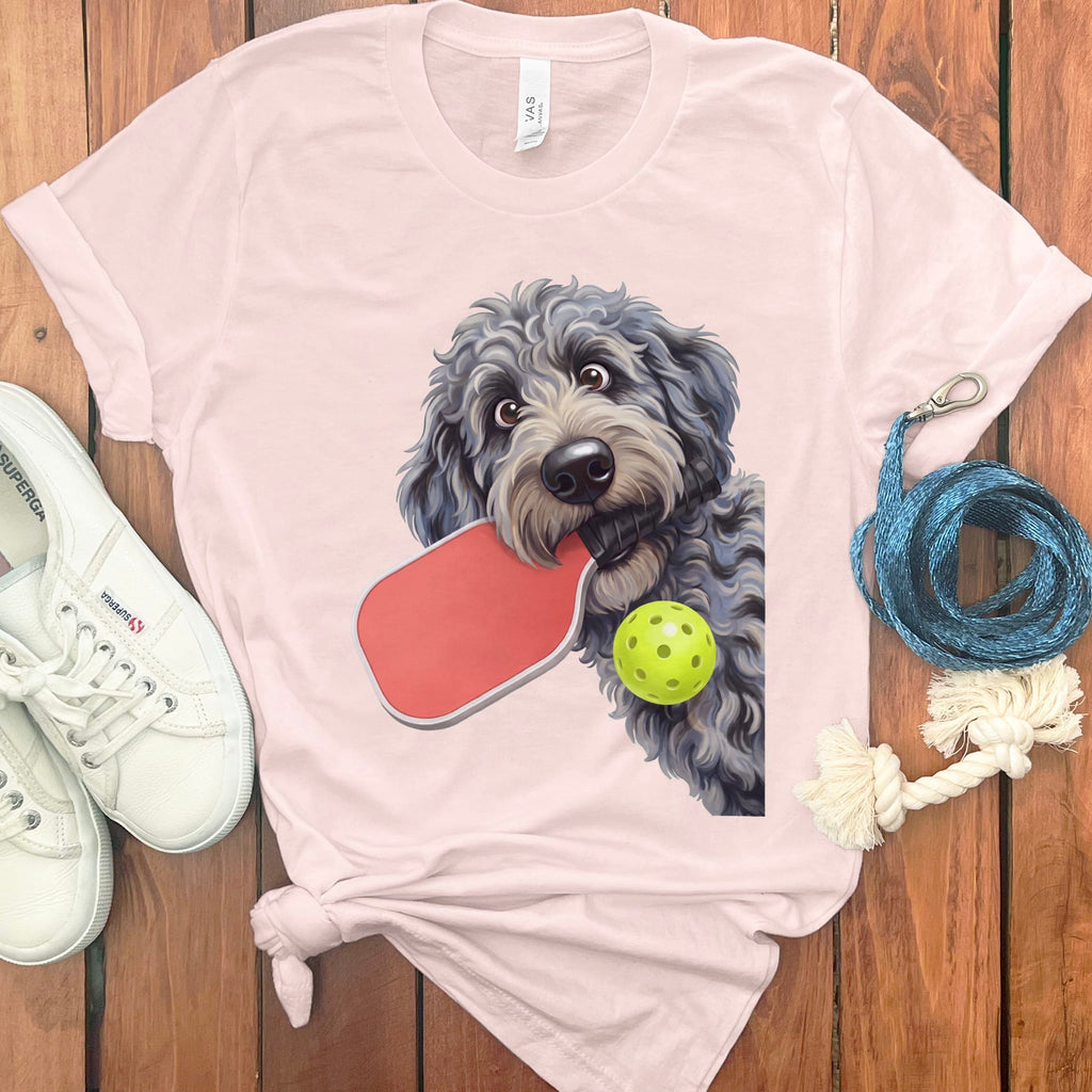 Merle Goldendoodle Pickleball T-Shirt in Soft Pink / S by Puppy Jo