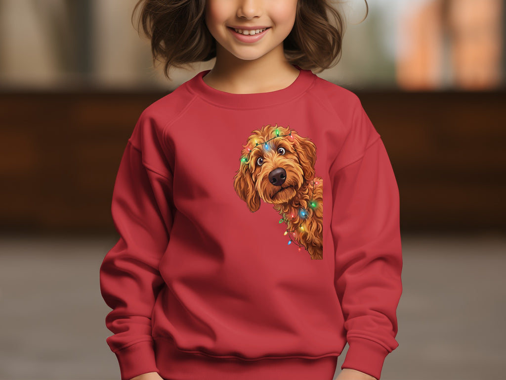 Red sweatshirt on a child featuring a cartoon doodle dog with colorful Christmas lights.