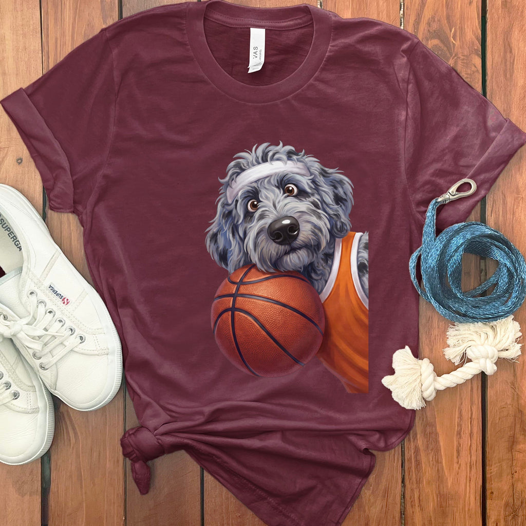 Merle Goldendoodle Basketball Player T-Shirt in Maroon / S by Puppy Jo