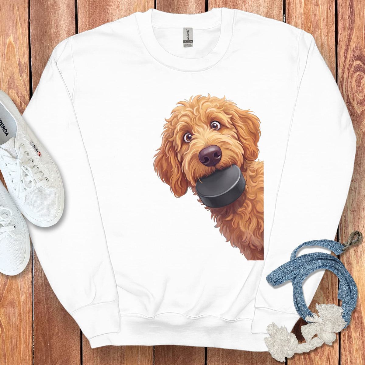 Apricot Goldendoodle Hockey Puck Sweatshirt in White / S by Puppy Jo