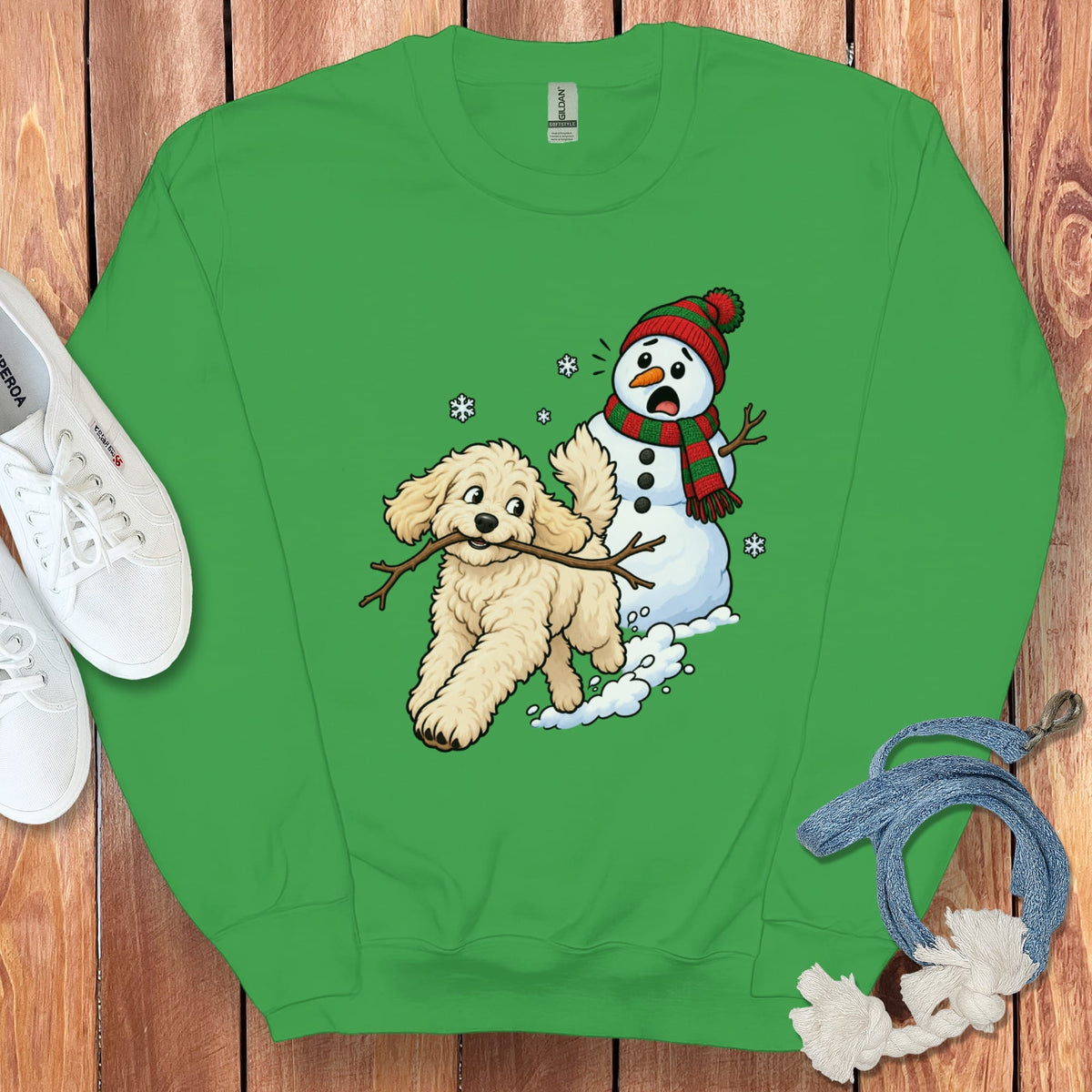 Cream Goldendoodle Snowman Sweatshirt in Irish Green / S by Puppy Jo
