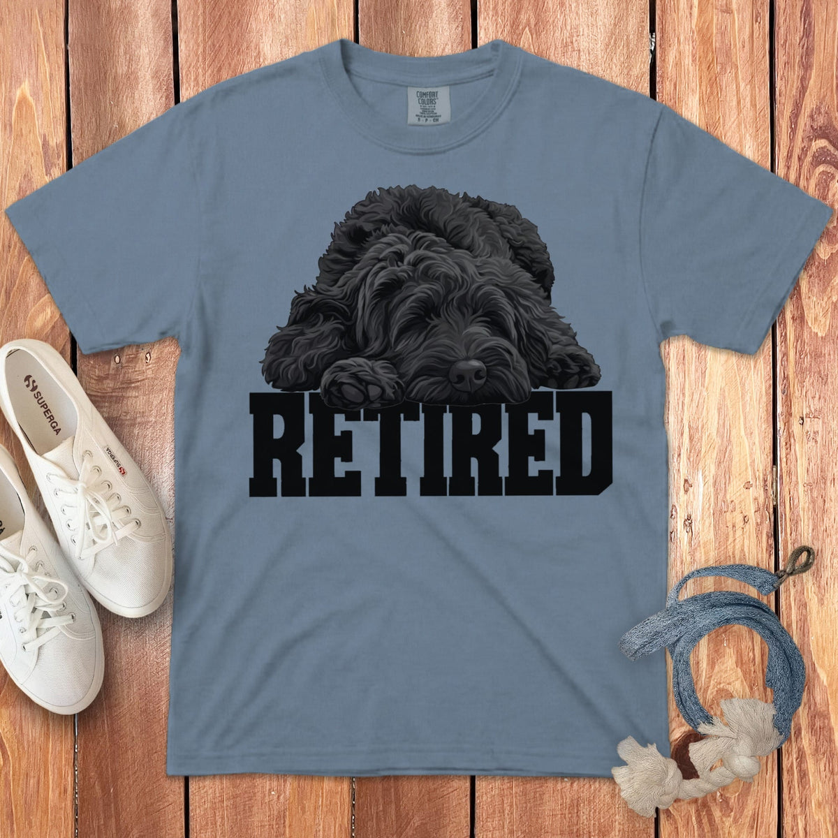 Retired Sleeping Black Goldendoodle Signature T-Shirt in Blue Jean / S by Puppy Jo