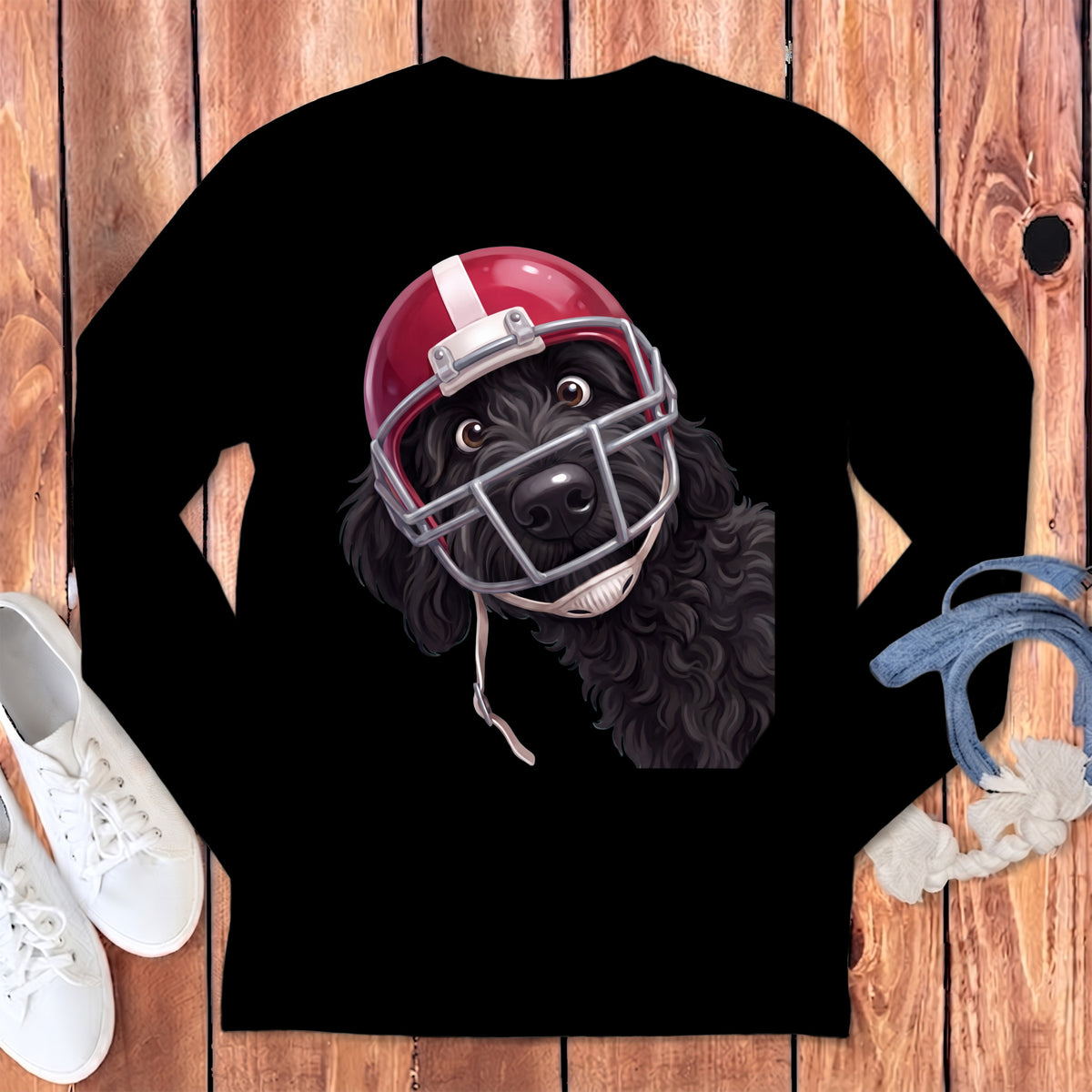 Black long-sleeve shirt with a black dog wearing a red football helmet graphic.