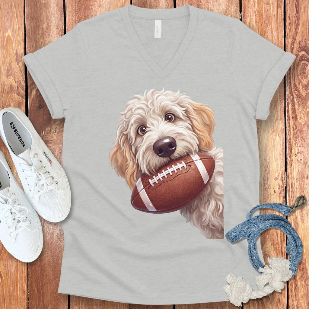Maltipoo Football V-Neck T-Shirt in Athletic Heather / S by Puppy Jo