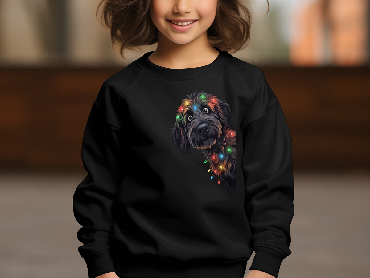 Black sweatshirt with black doodle dog wearing colorful Christmas lights design.