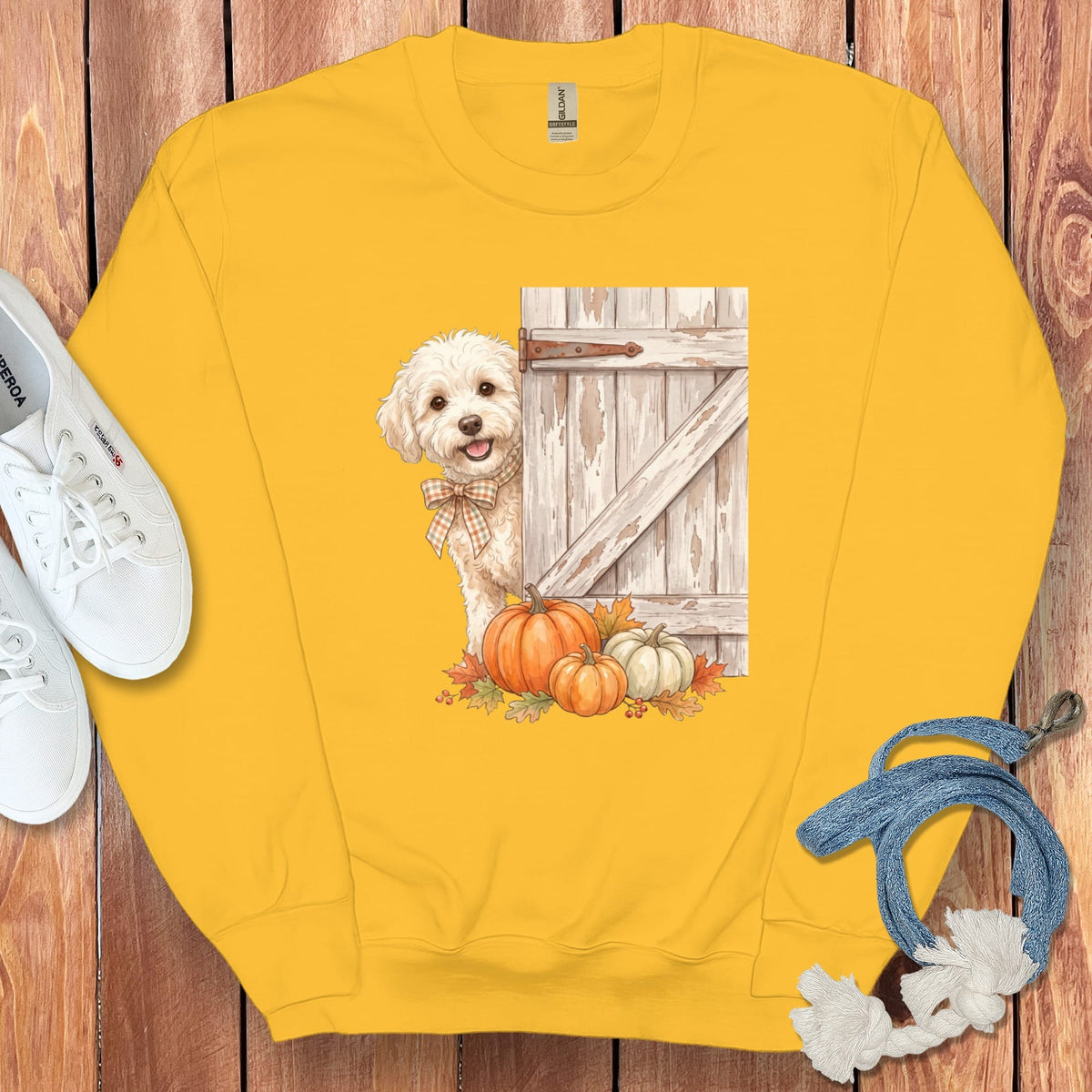 Maltipoo Barn Peeking Sweatshirt in Gold / S by Puppy Jo