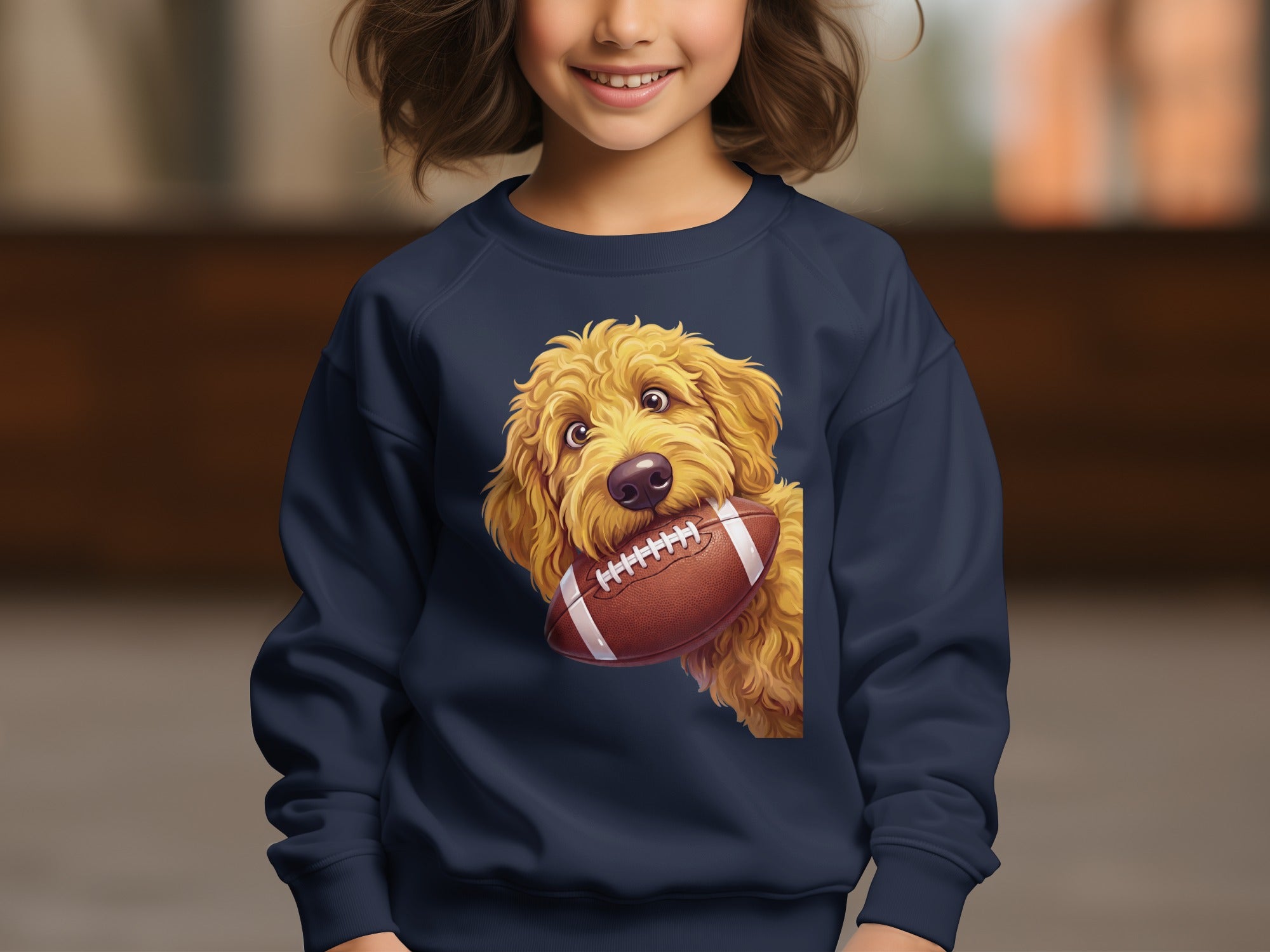 Goldendoodle with football on navy blue children's sweatshirt