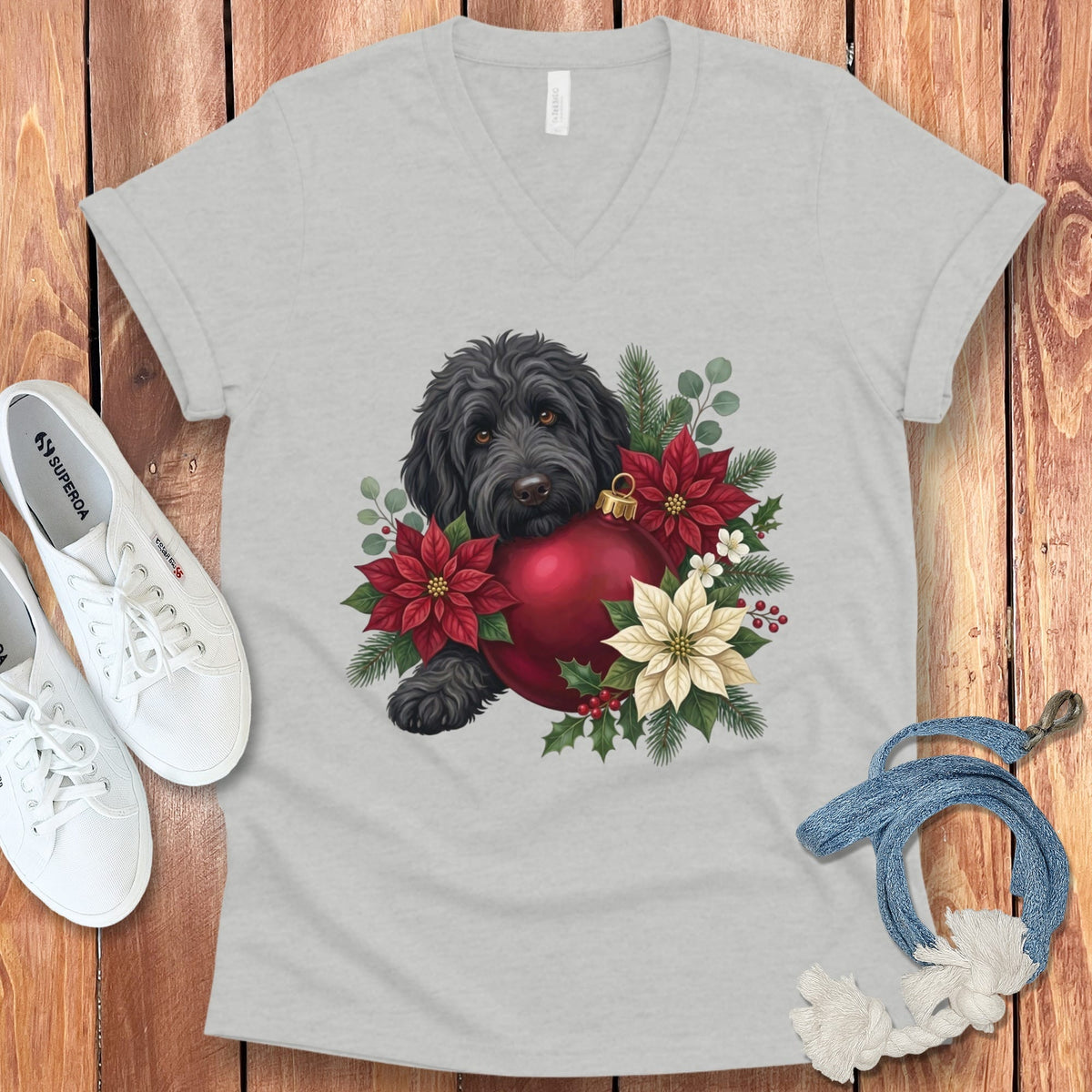 Black Goldendoodle Holiday Cheer V-Neck T-Shirt in Athletic Heather / S by Puppy Jo