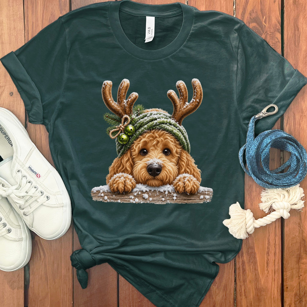 T-shirt with a fluffy dog wearing reindeer antlers and a beanie.