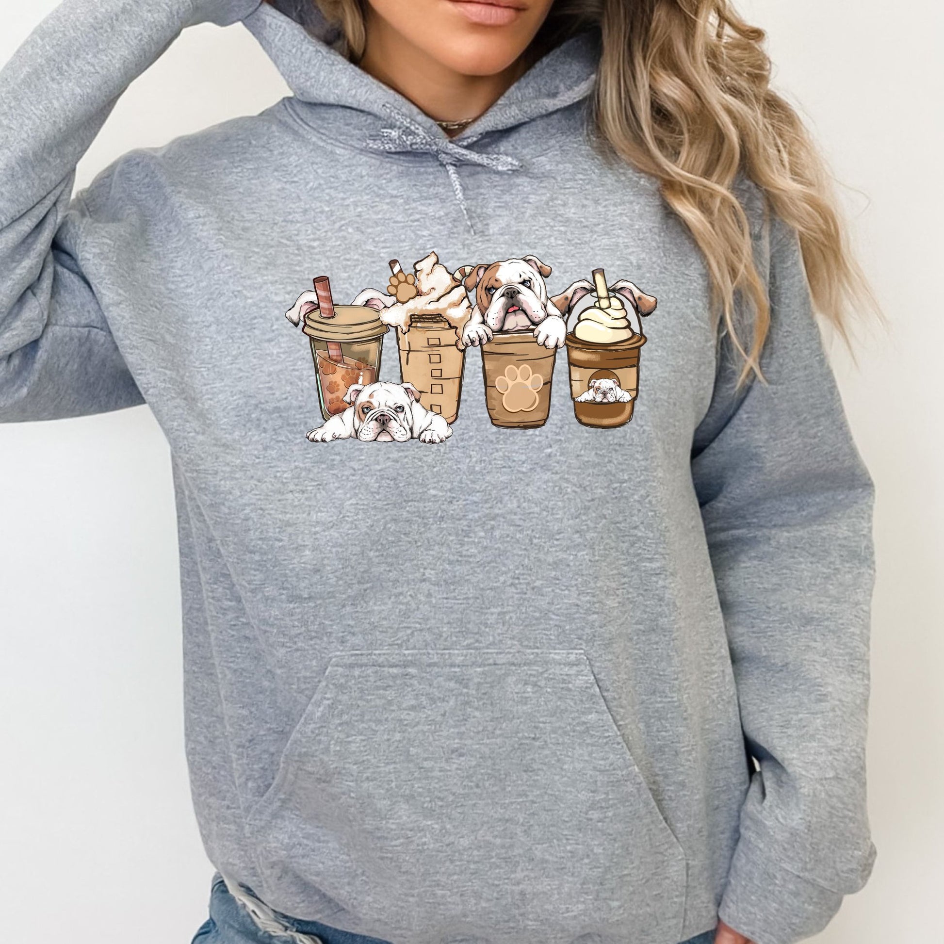 English Bulldogs and Coffee Hoodie Sweatshirt - PuppyJo Hoodie Sport Grey / S
