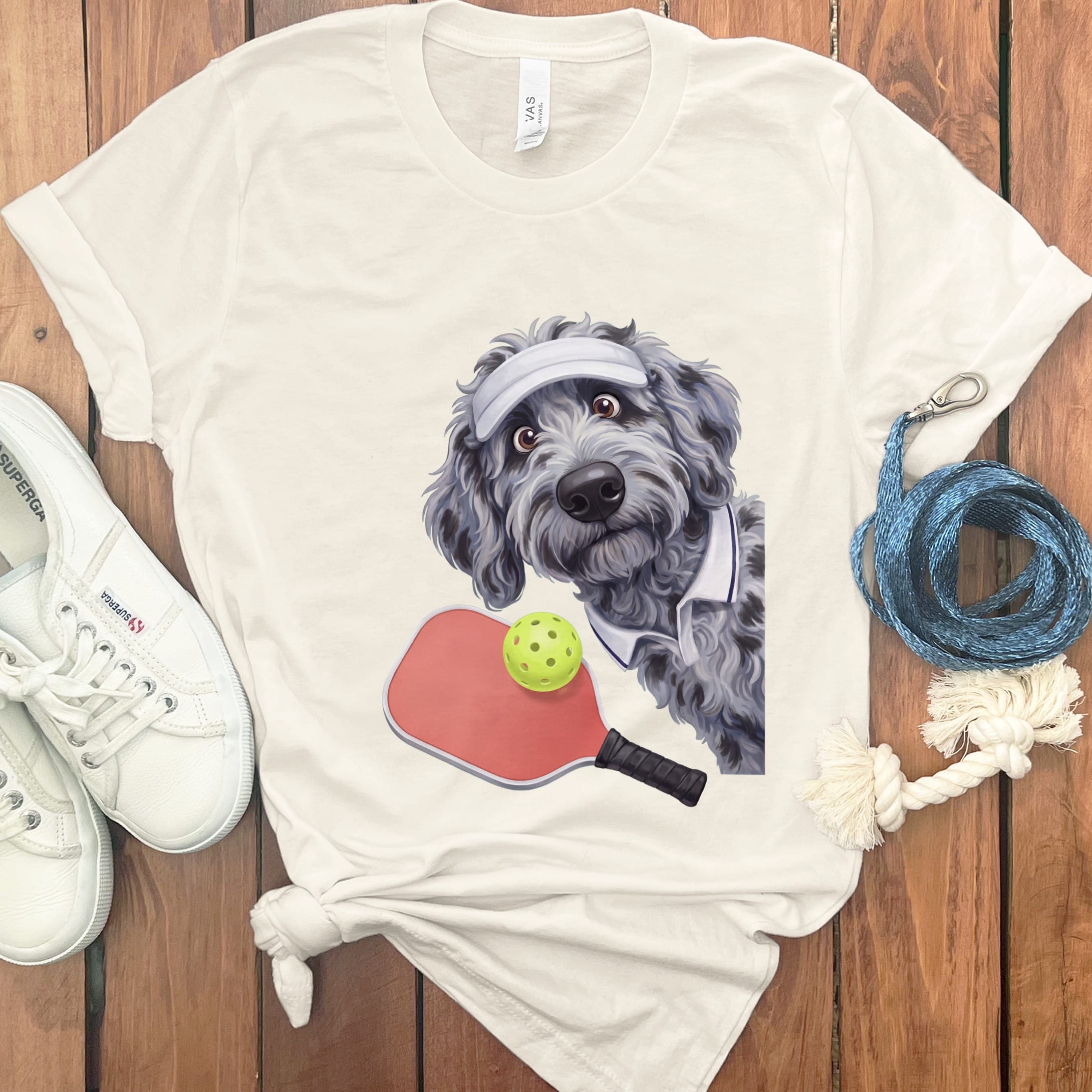 Merle Goldendoodle Pickleball Player T-Shirt in Natural / S by Puppy Jo