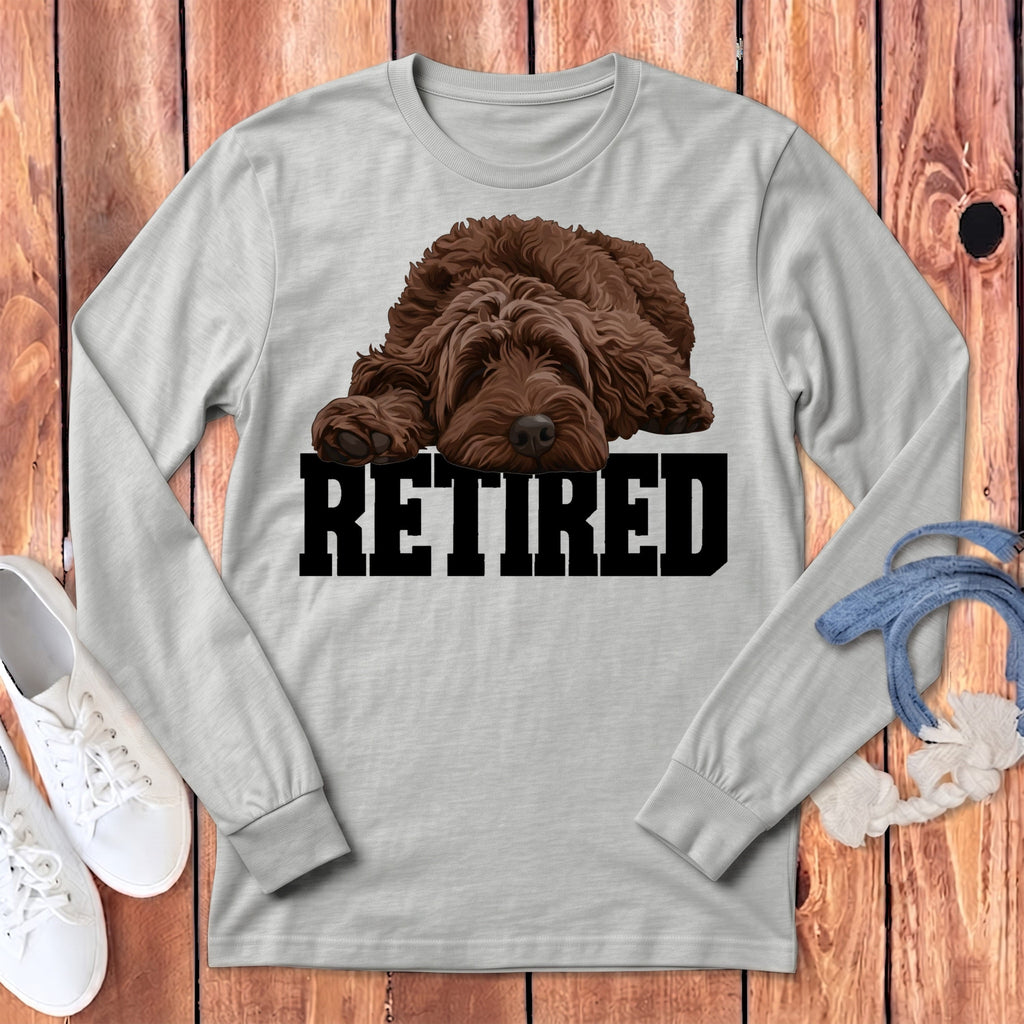Retired Sleeping Chocolate Goldendoodle Long Sleeve T-Shirt in Athletic Heather / S by Puppy Jo
