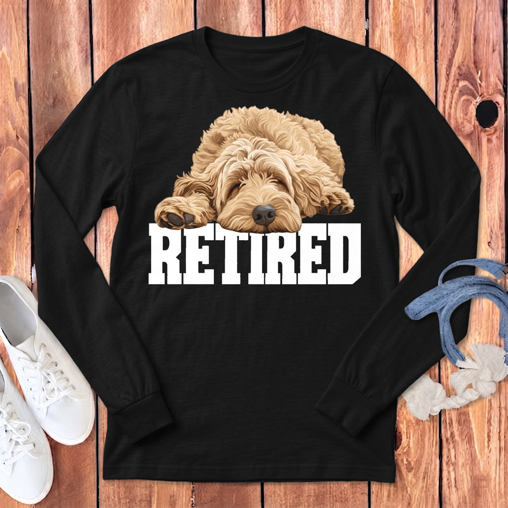 Retired Sleeping Golden Goldendoodle Long Sleeve T-Shirt in Dark Grey Heather / S by Puppy Jo