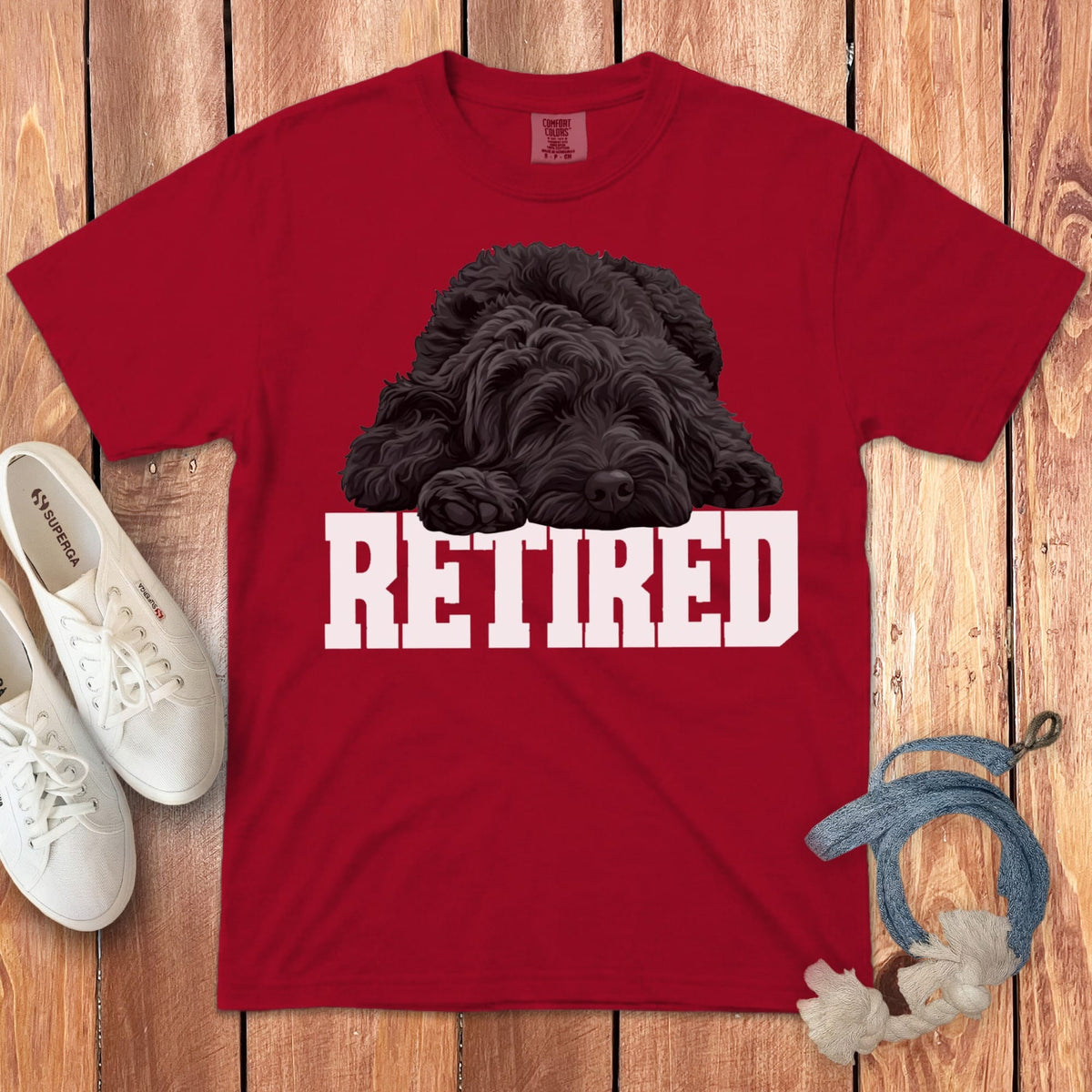 Retired Sleeping Black Goldendoodle Signature T-Shirt in Red / S by Puppy Jo