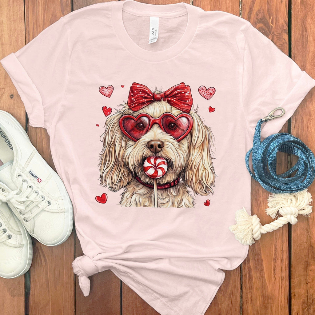 Cute Cartoon Dog with Hearts Image on Pink Shirt