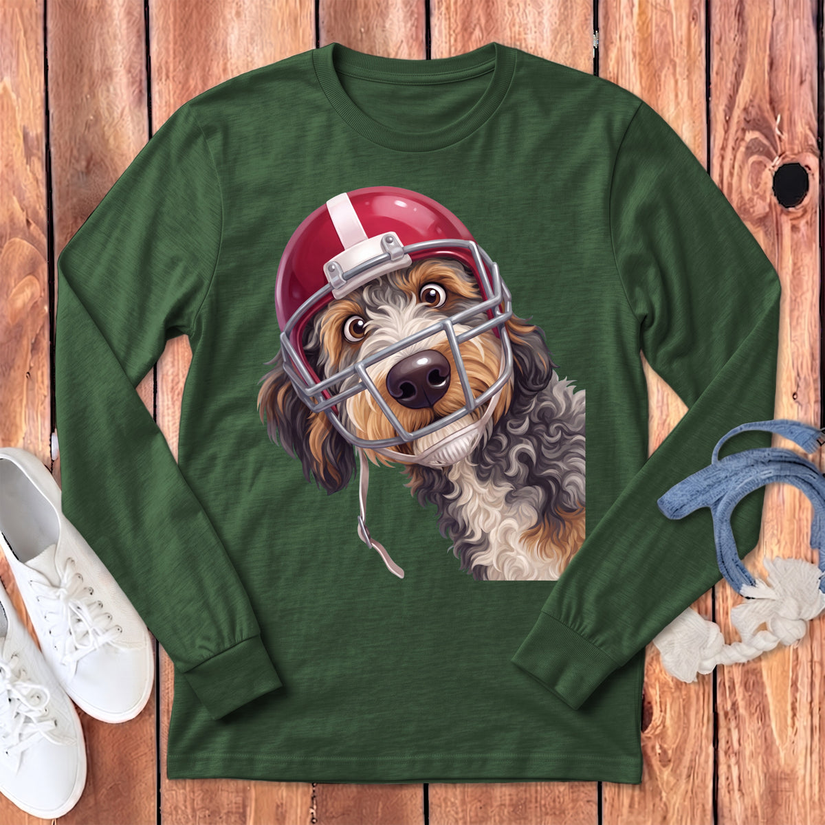 Dog wearing a red football helmet on a green long-sleeve shirt.