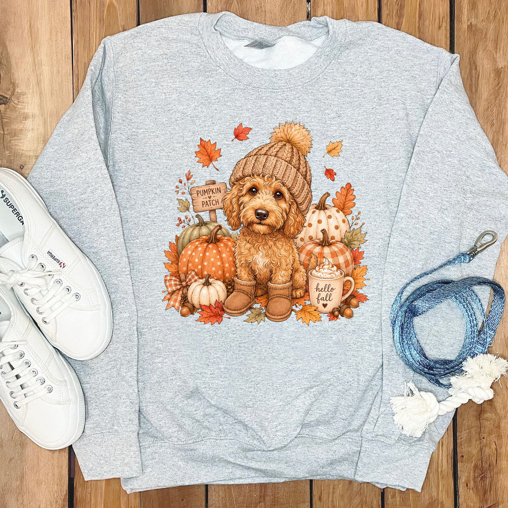 Apricot Goldendoodle Pumpkin Patch Sweatshirt in Sport Grey / S by Puppy Jo