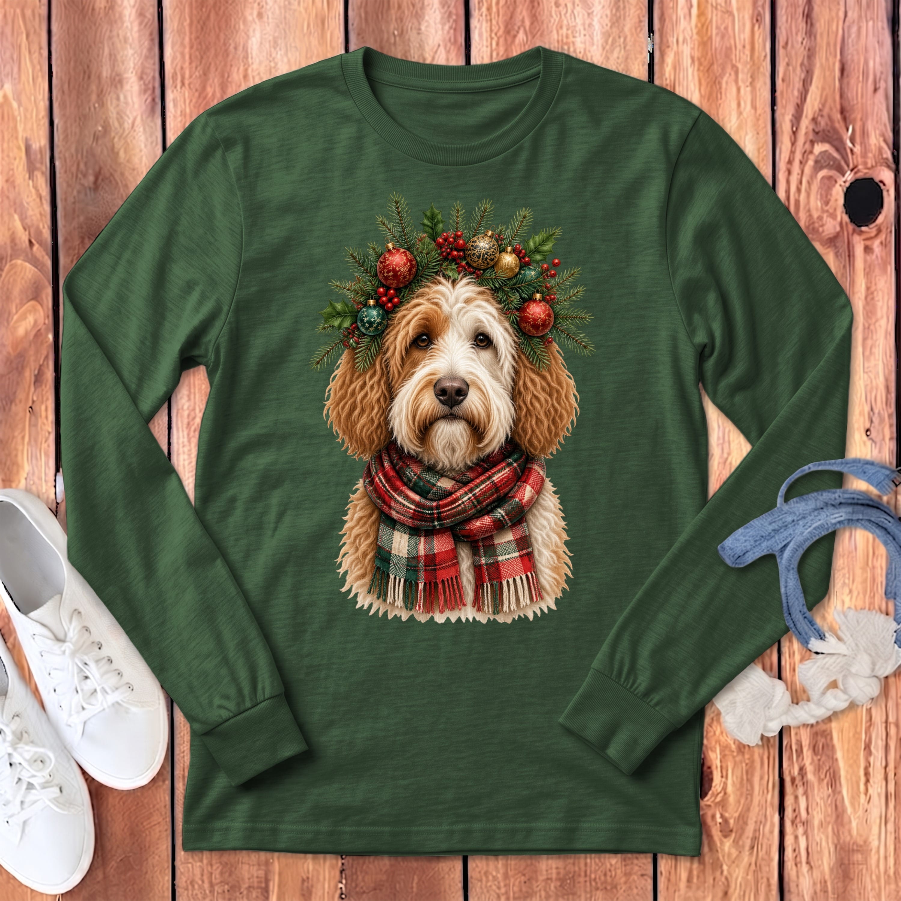 Parti Goldendoodle Holiday Crown Long Sleeve T-Shirt in Heather Forest / S by MyDesigns