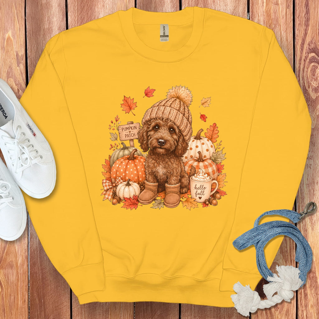 Chocolate Goldendoodle Pumpkin Patch Sweatshirt in Gold / S by Puppy Jo