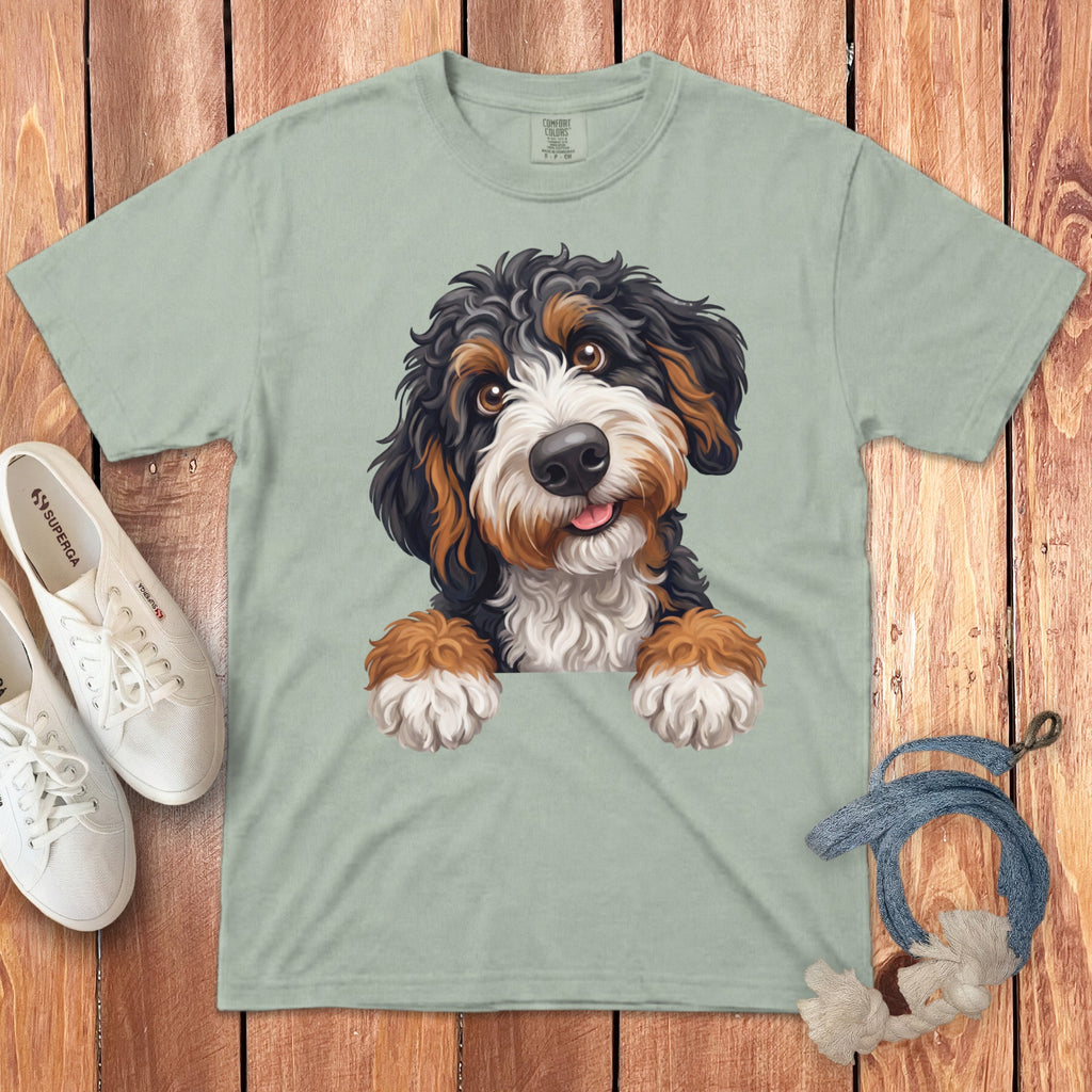 Light sage t-shirt with a Bernese Mountain Dog puppy illustration and white sneakers.