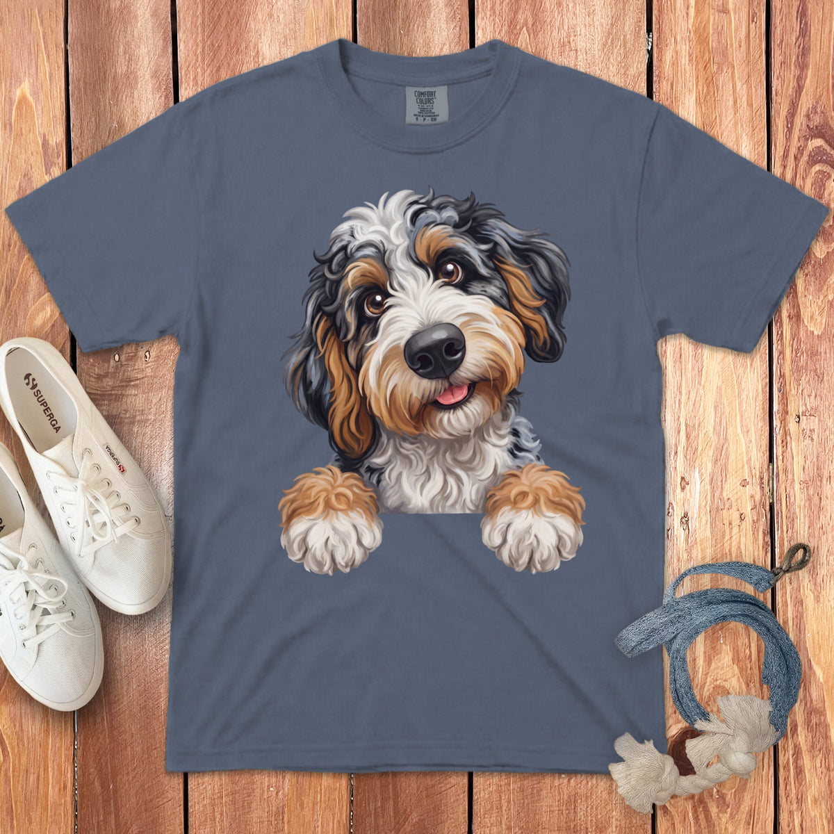 T-shirt with a printed image of a happy, fluffy Bernedoodle dog peeking over the neckline.