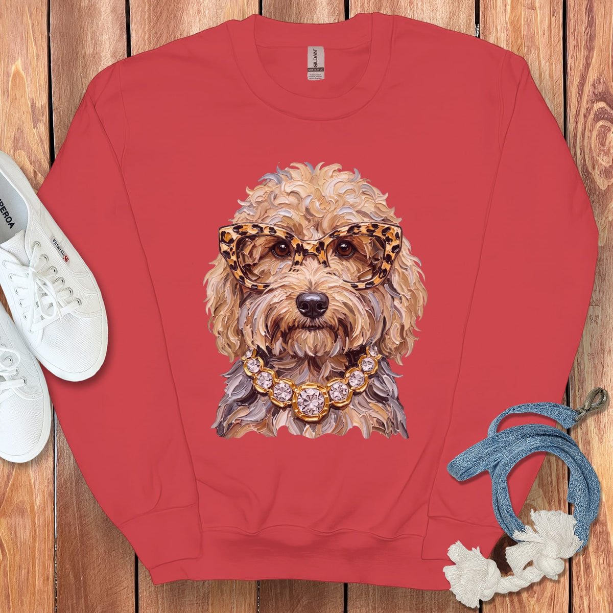 Cream Goldendoodle Glam Sweatshirt in Red / S by Puppy Jo