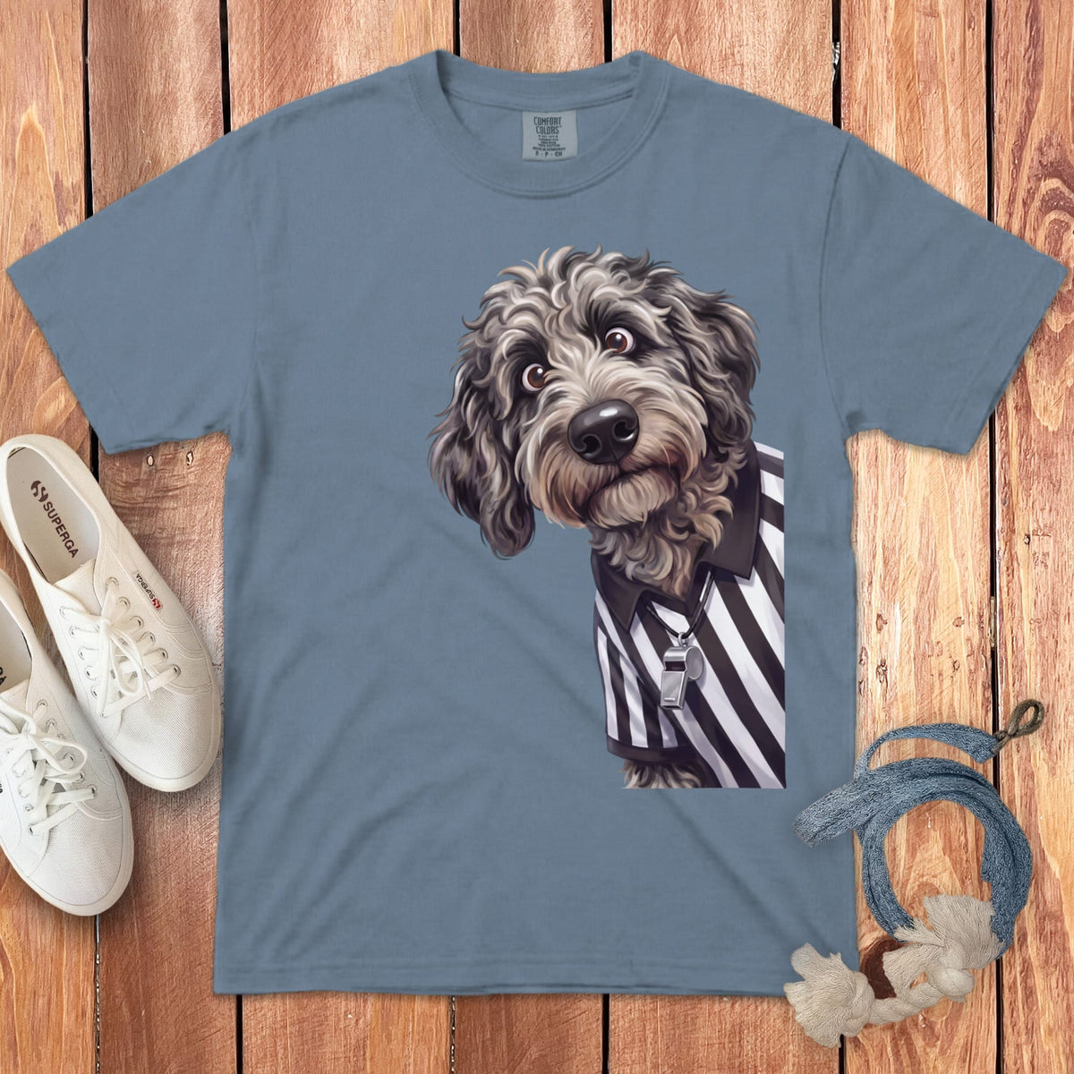 Merle Goldendoodle Football Referee Signature T-Shirt in Blue Jean / S by Puppy Jo