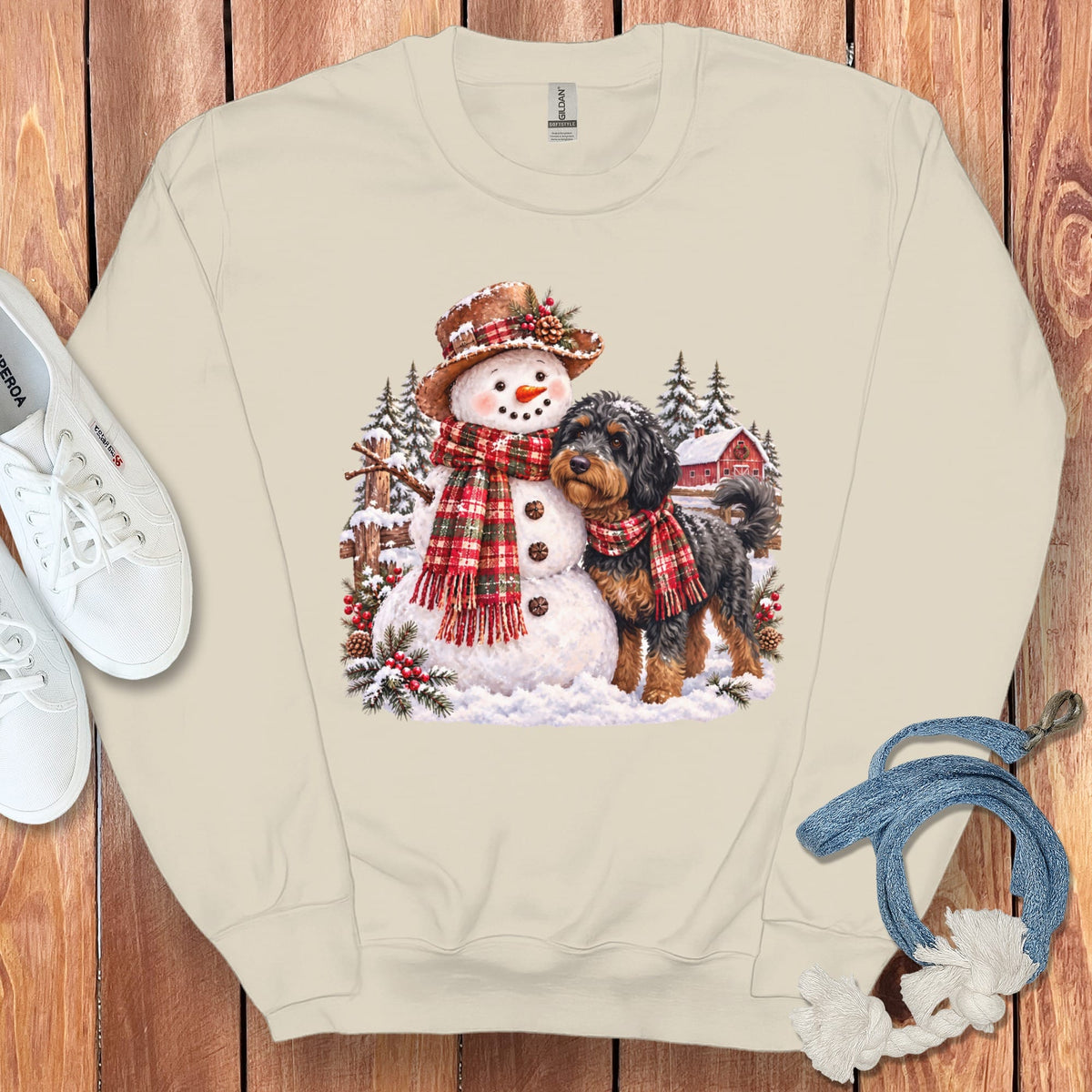 Phantom Goldendoodle Christmas Snowman Sweatshirt in Sand / S by Puppy Jo
