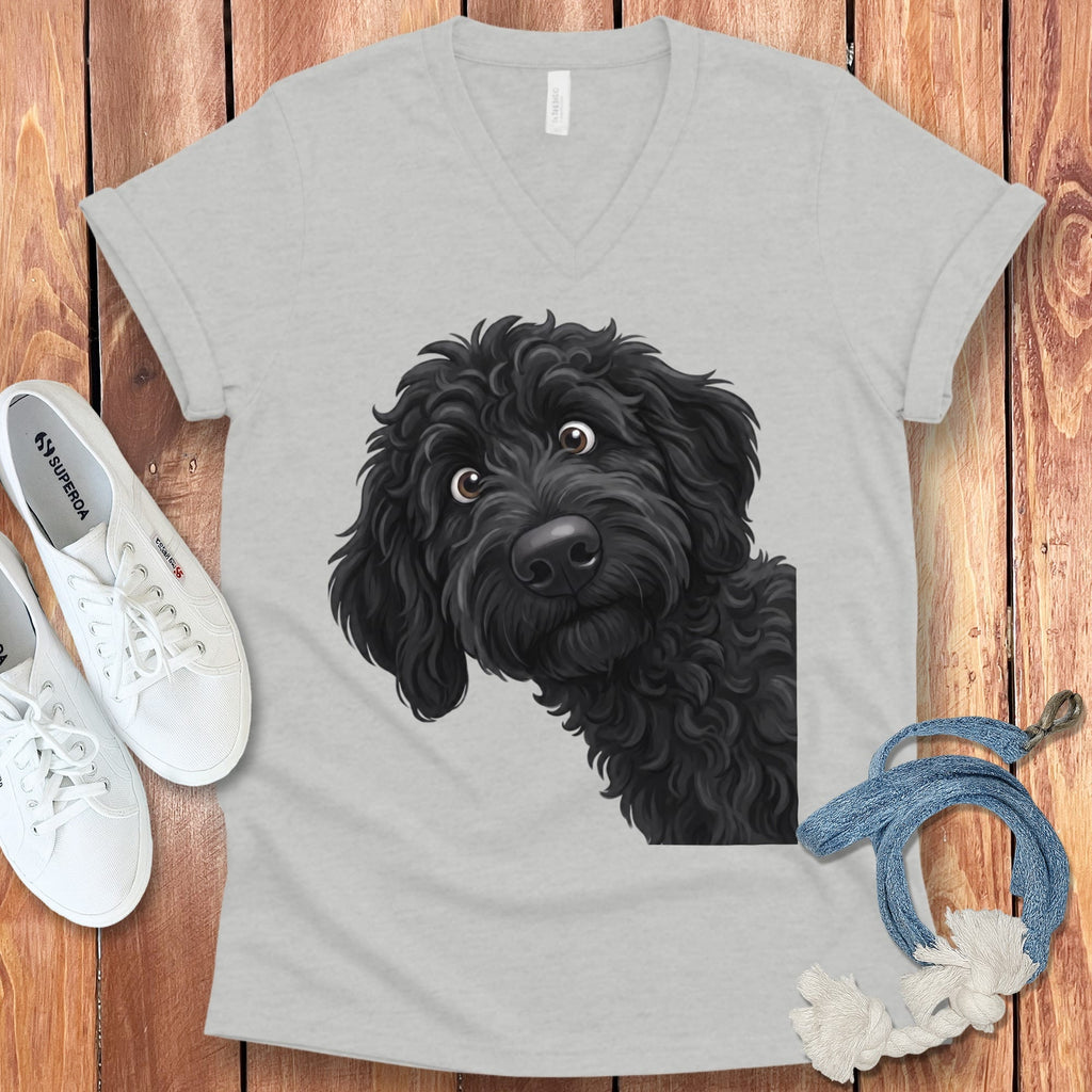Funny Peeking Black Goldendoodle V-Neck T-Shirt in Athletic Heather / S by Puppy Jo