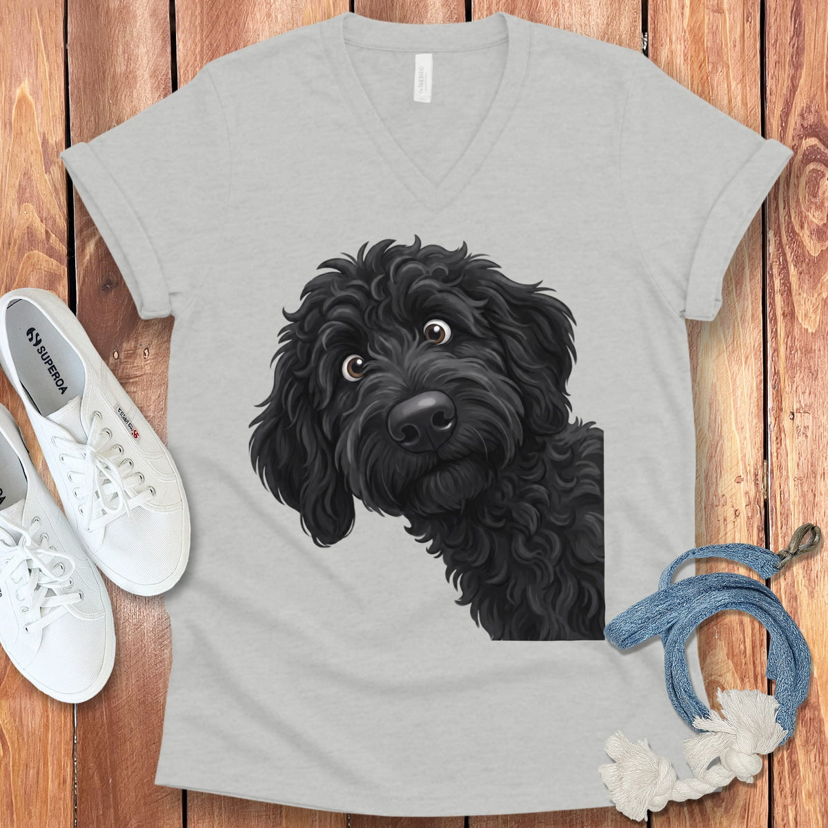 Funny Peeking Black Goldendoodle V-Neck T-Shirt in Athletic Heather / S by Puppy Jo